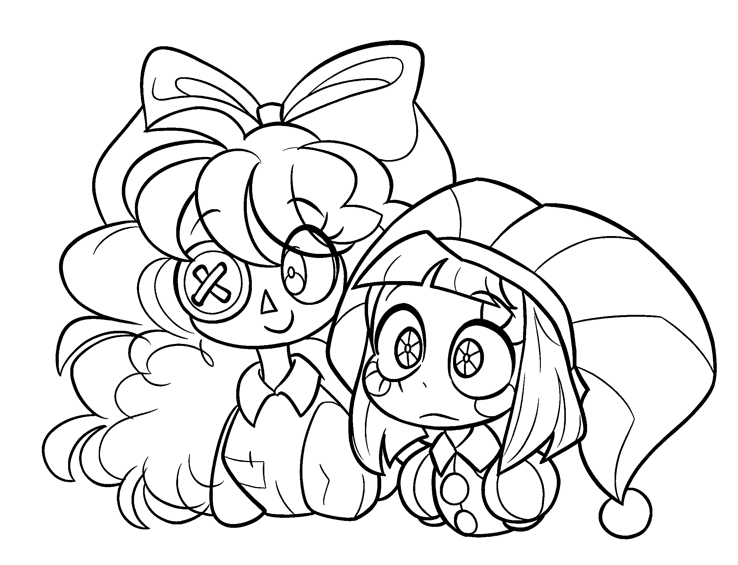 chibi ragatha and pomni sitting together the amazing digital circus line art