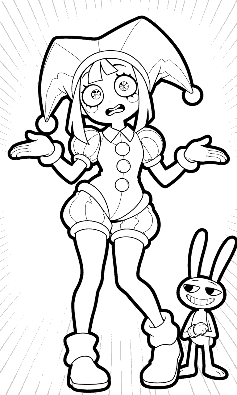 confused pomni and small jax the amazing digital circus line art
