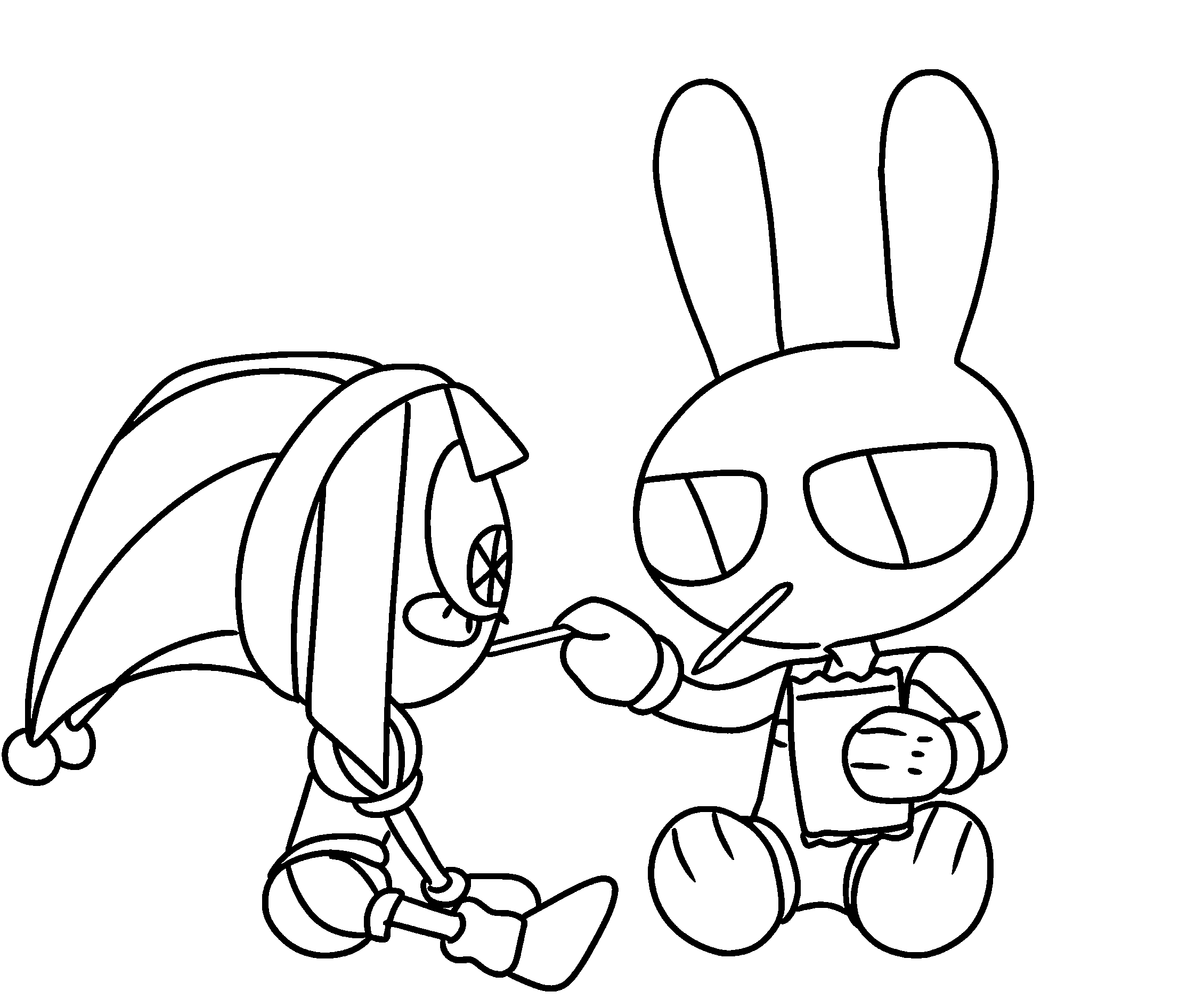 cute chibi jax and pomni eating snacks the amazing digital circus line art