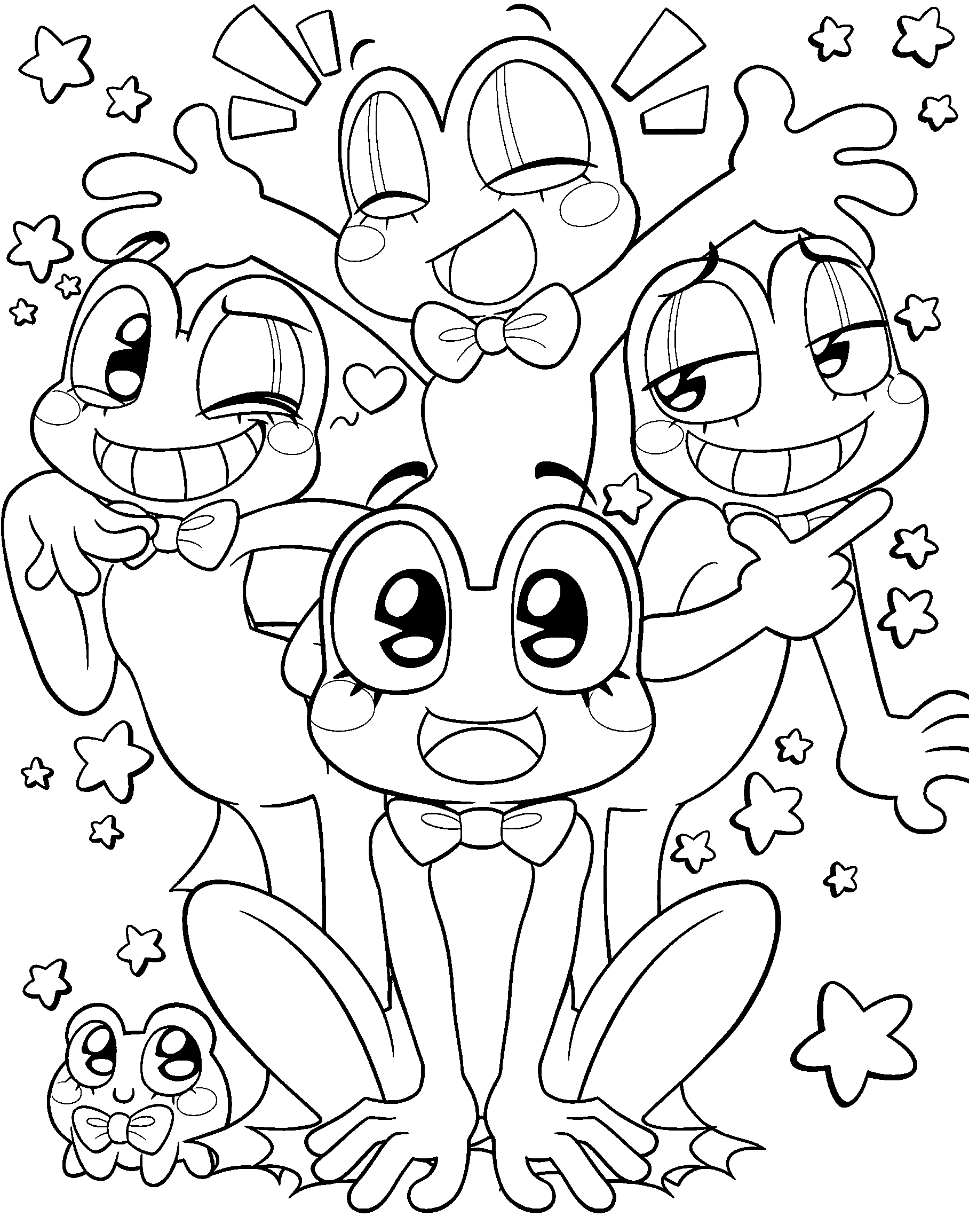 cute ribbit frogs group pile and tiny tadpole tadc the amazing digital circus line art