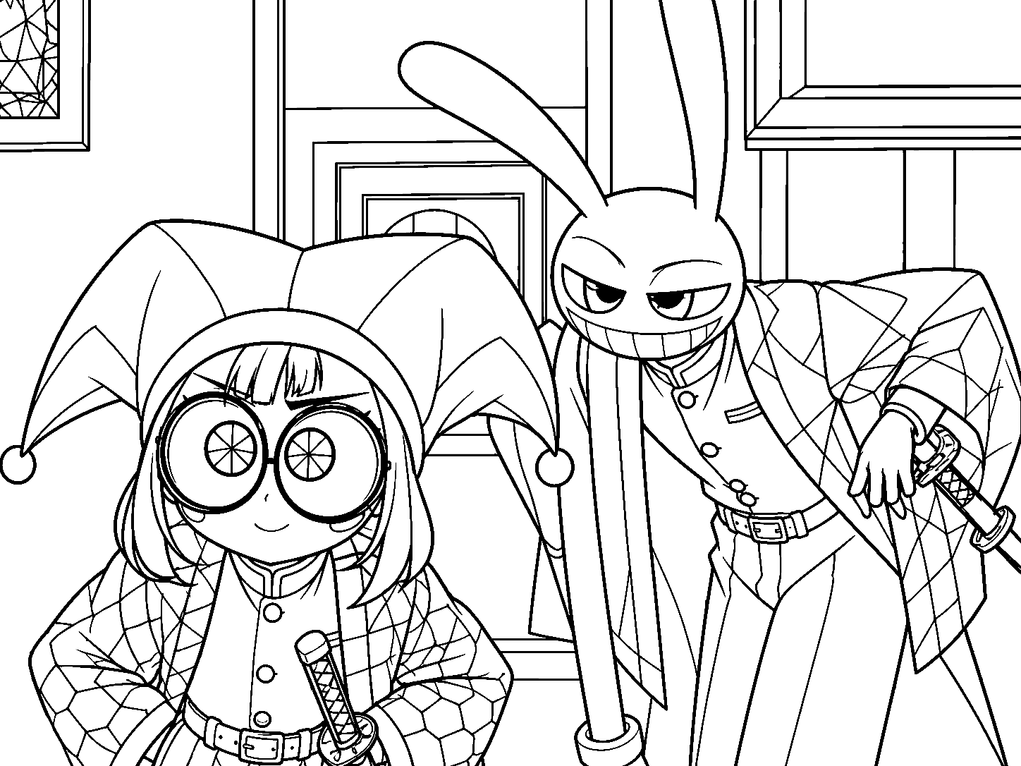 demon slayer anime crossover pomni and jax cosplay tadc the amazing digital circus line art