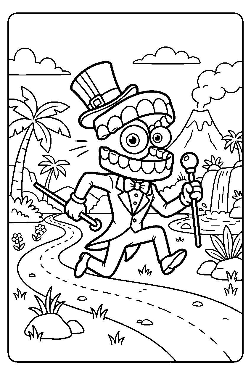 digital circus caine running in adventure island line art