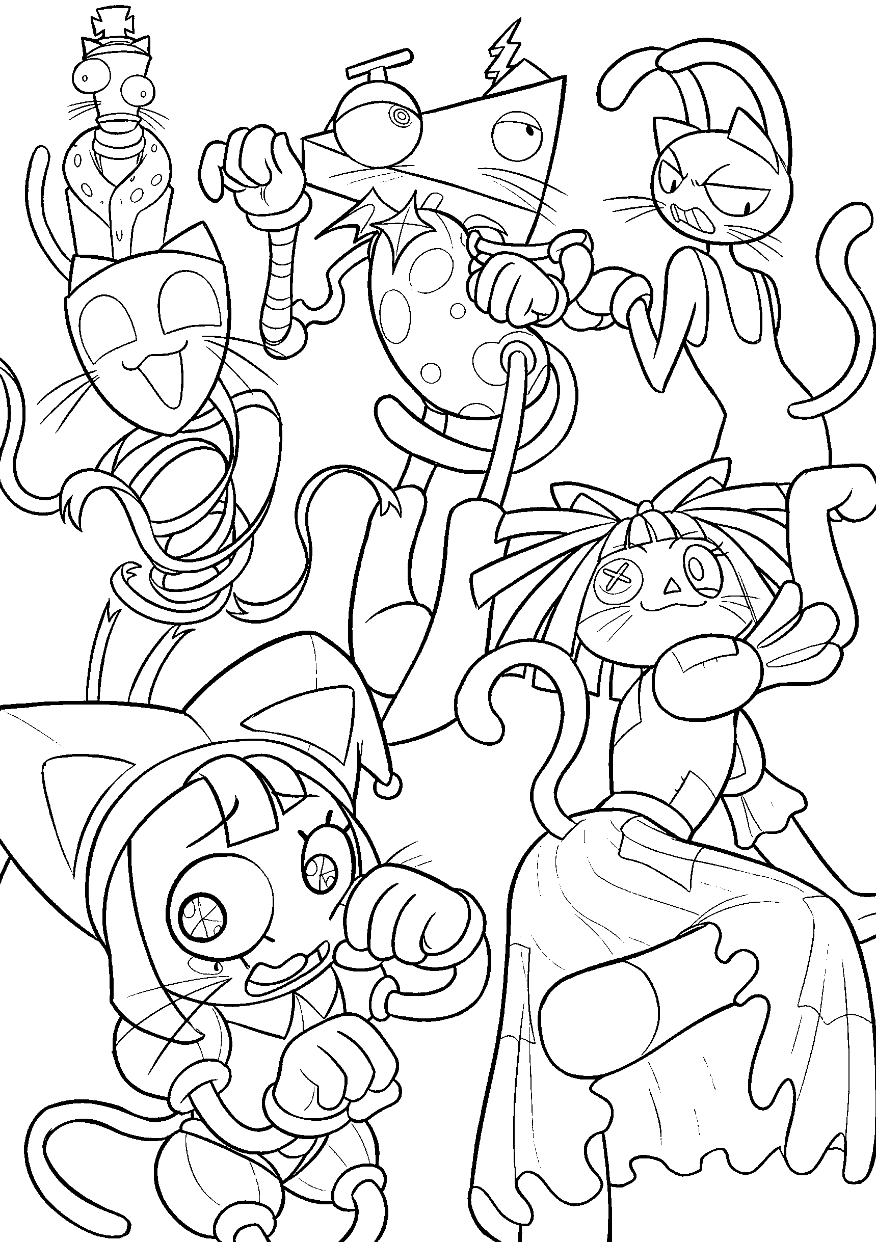 digital circus characters as cute cats line art