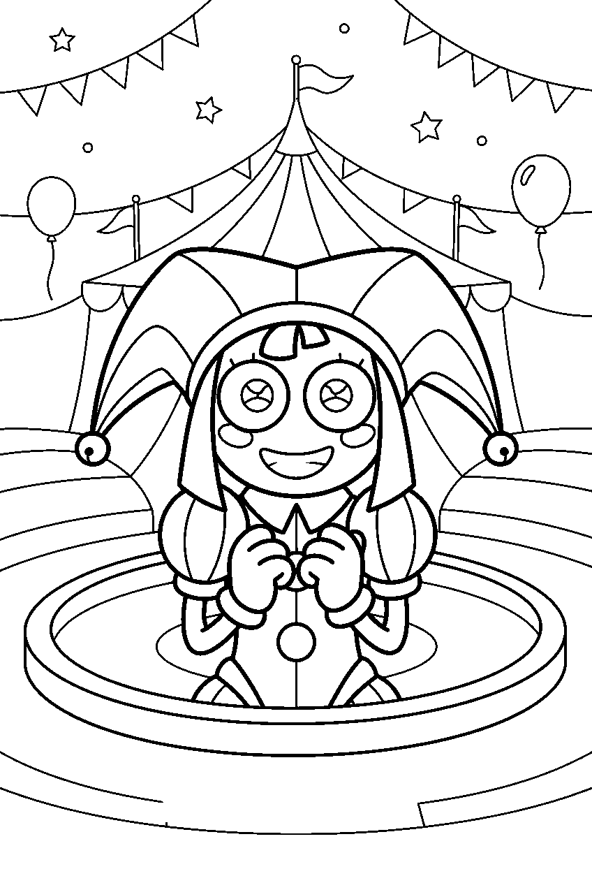 digital circus characters in big top arena line art