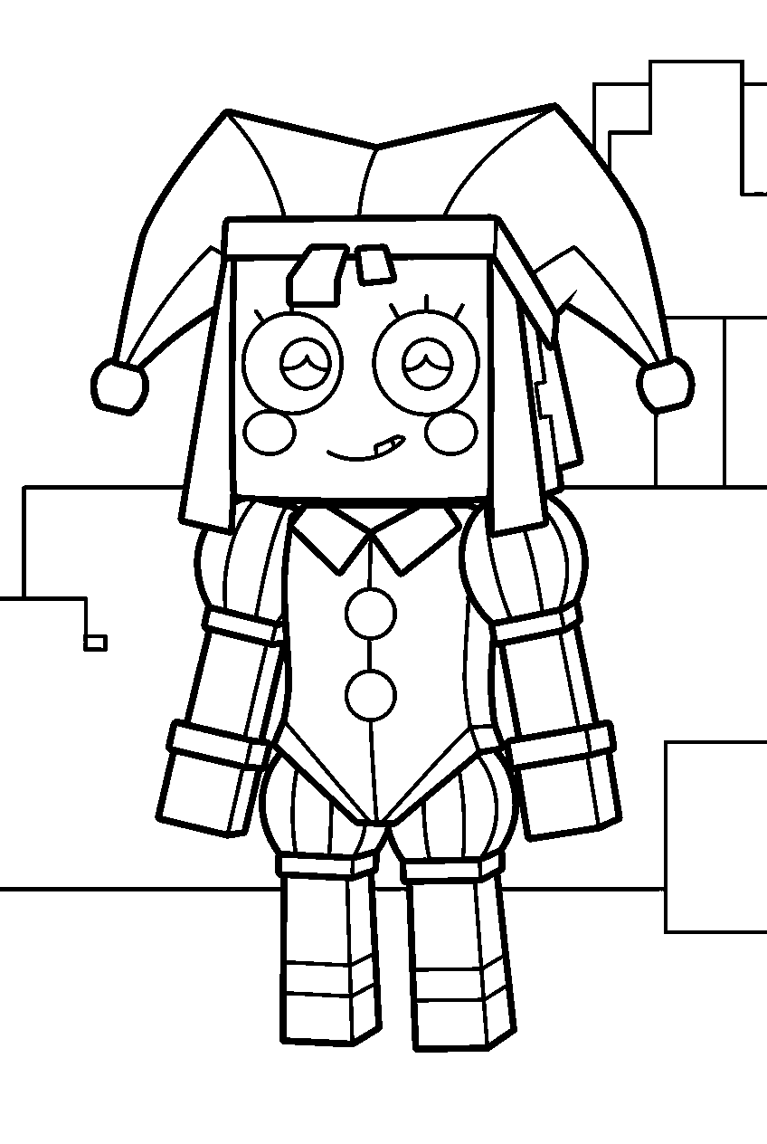 digital circus characters in block world line art