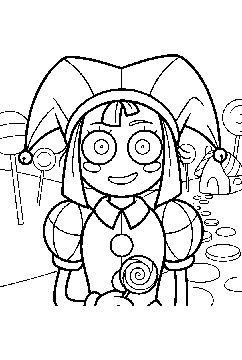 digital circus characters in candy village line art