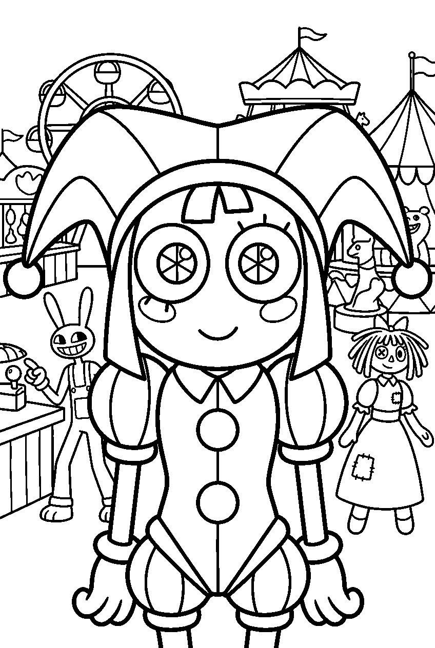 digital circus characters in carnival midway line art