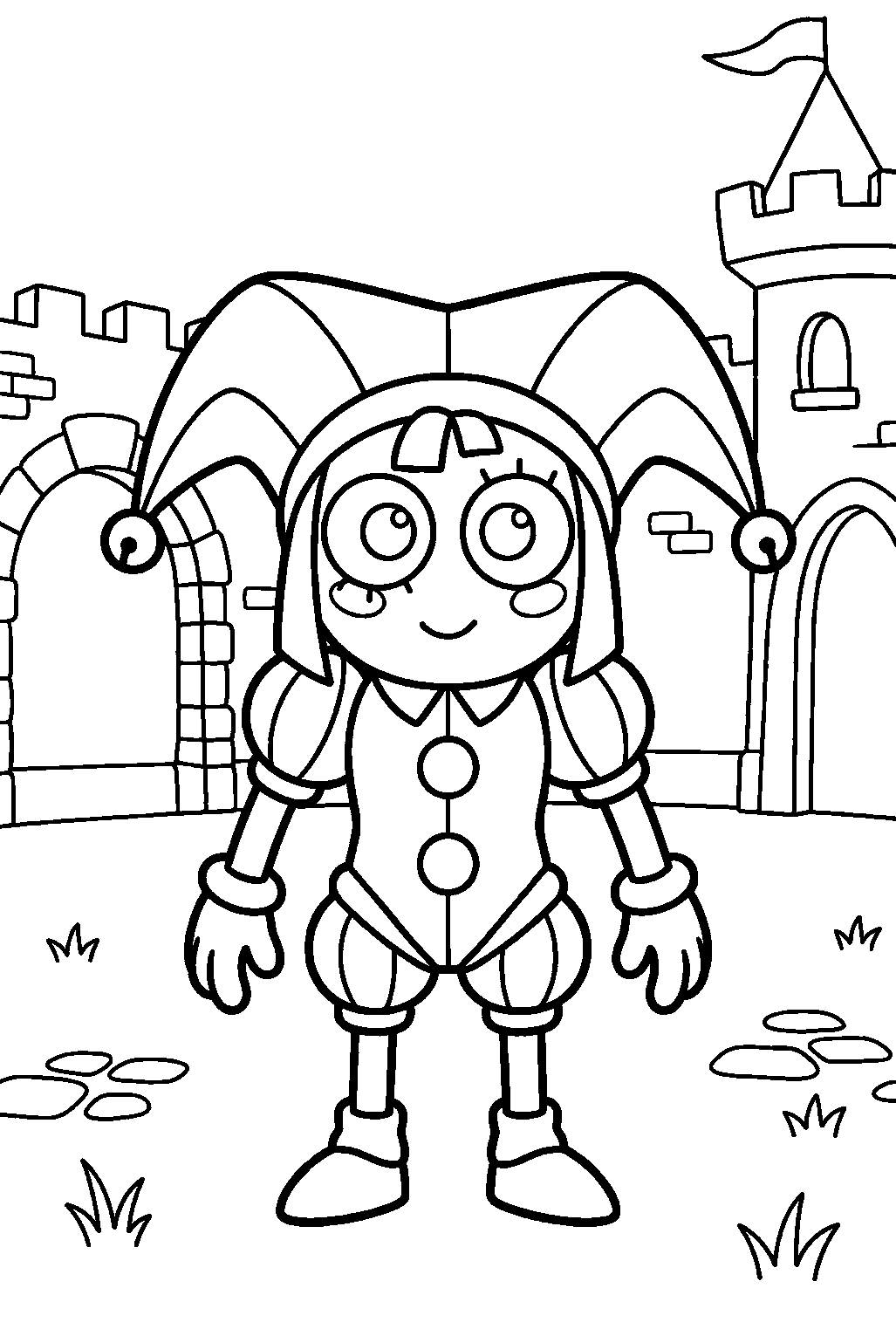 digital circus characters in castle courtyard line art