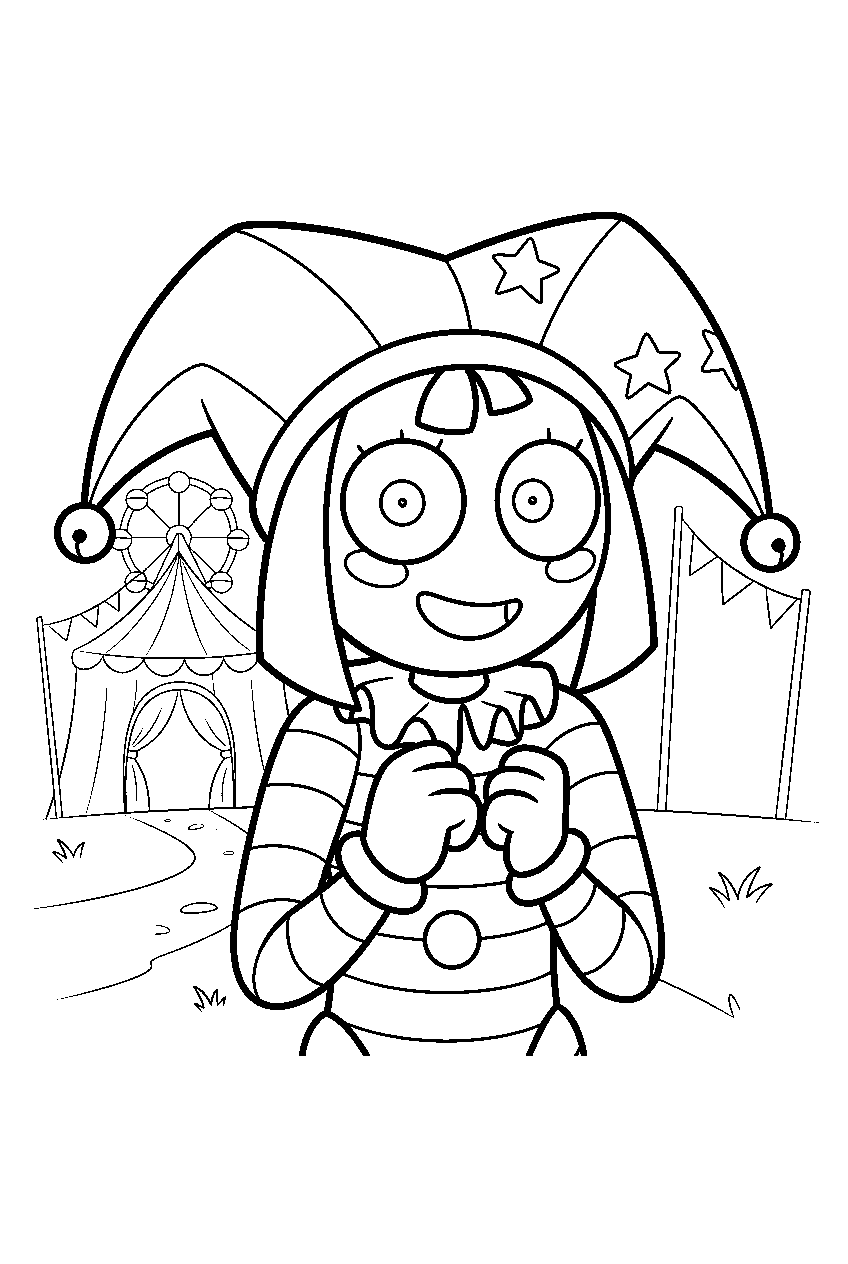 digital circus characters in circus grounds line art