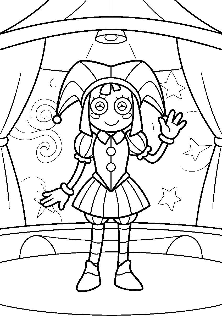 digital circus characters in circus stage line art