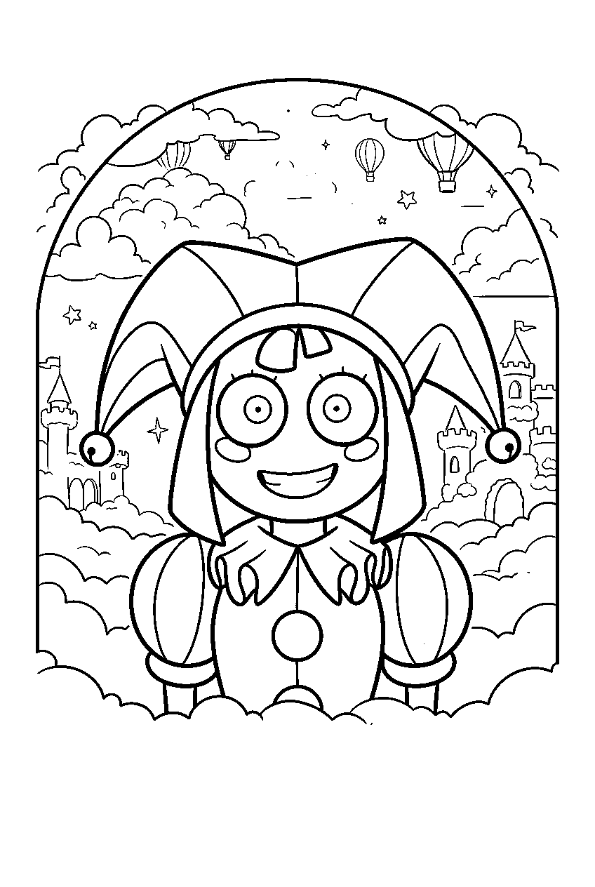 digital circus characters in cloud kingdom line art