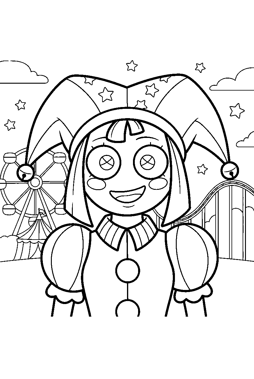digital circus characters in digital amusement park line art