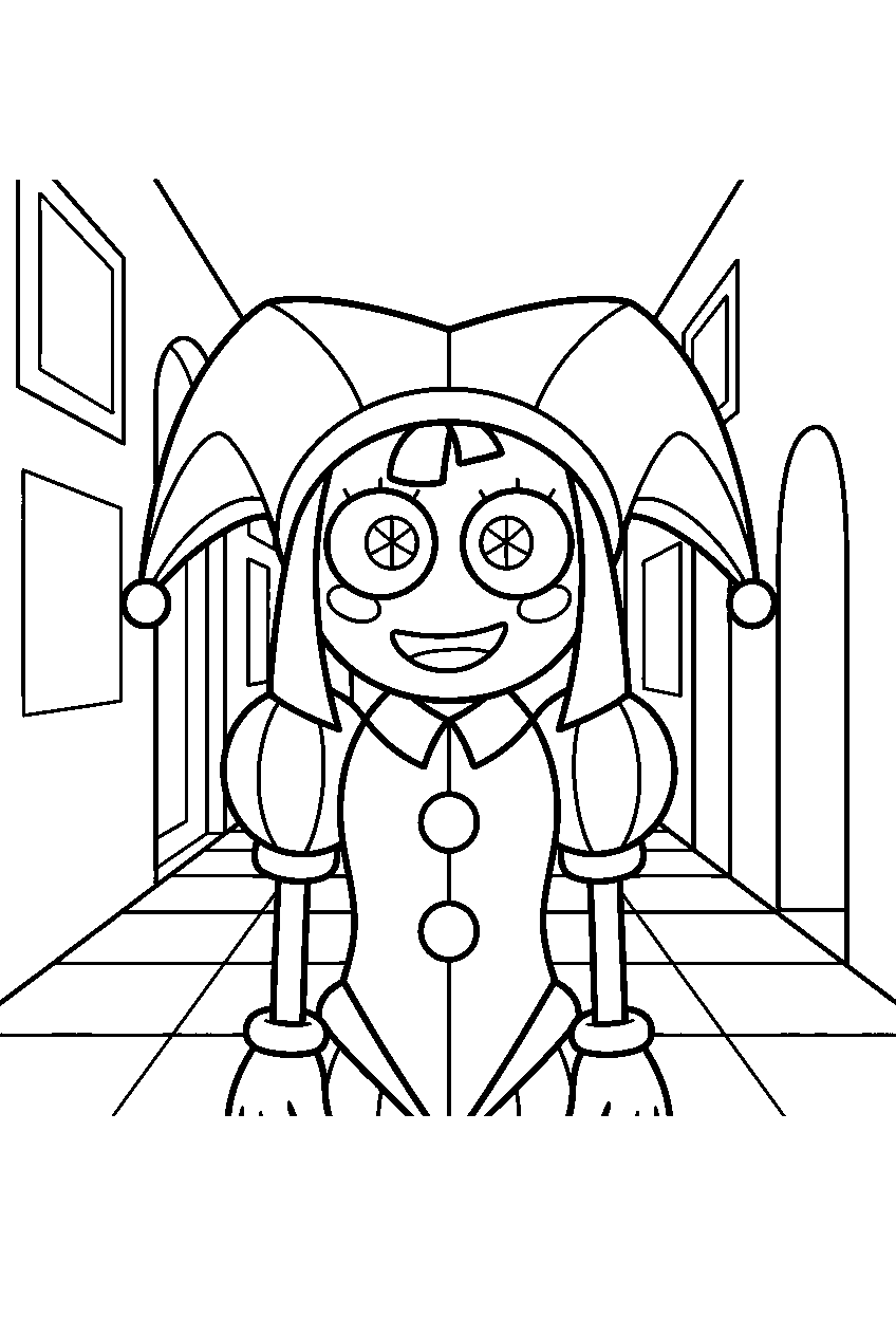 digital circus characters in digital hallway line art