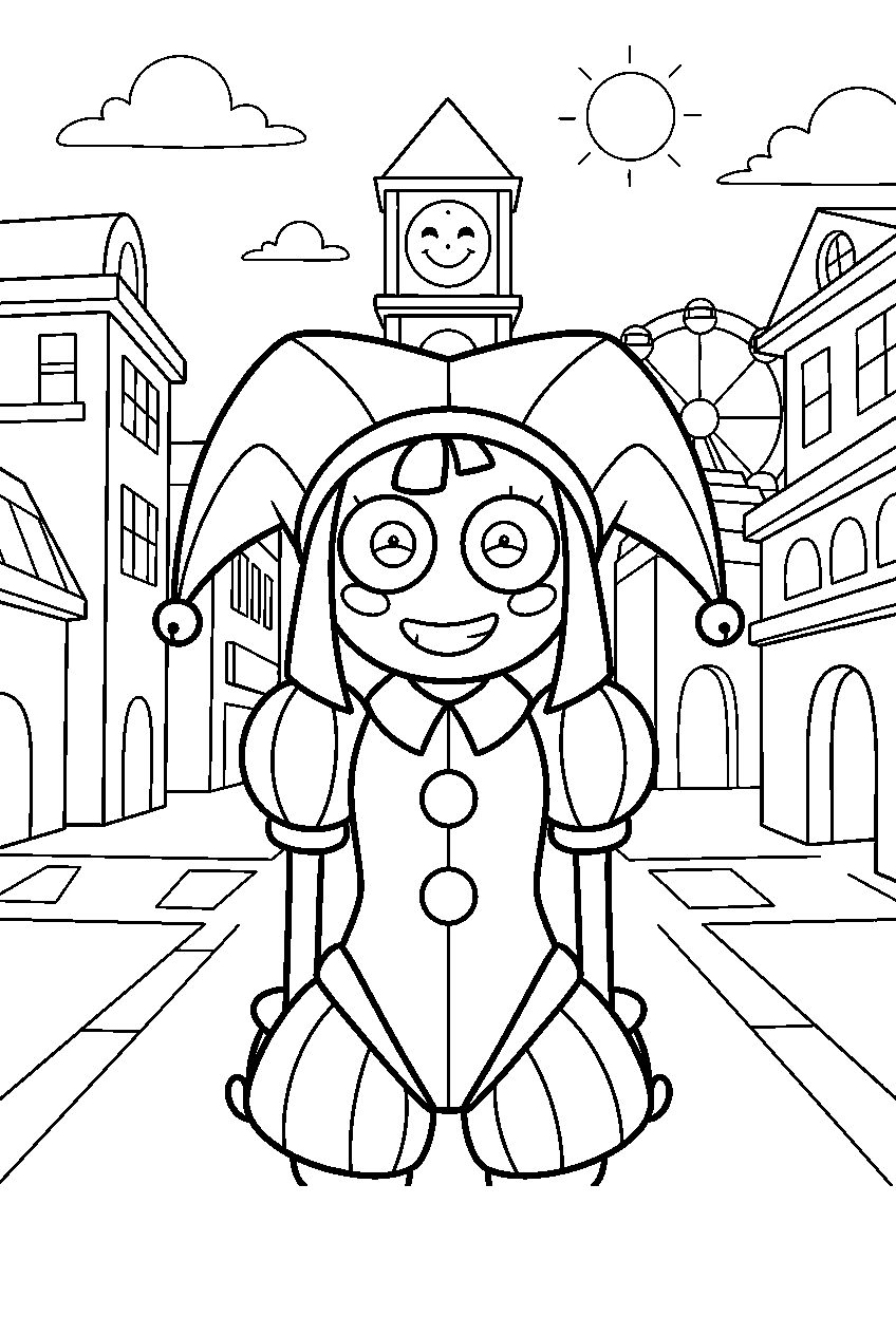 digital circus characters in digital town line art