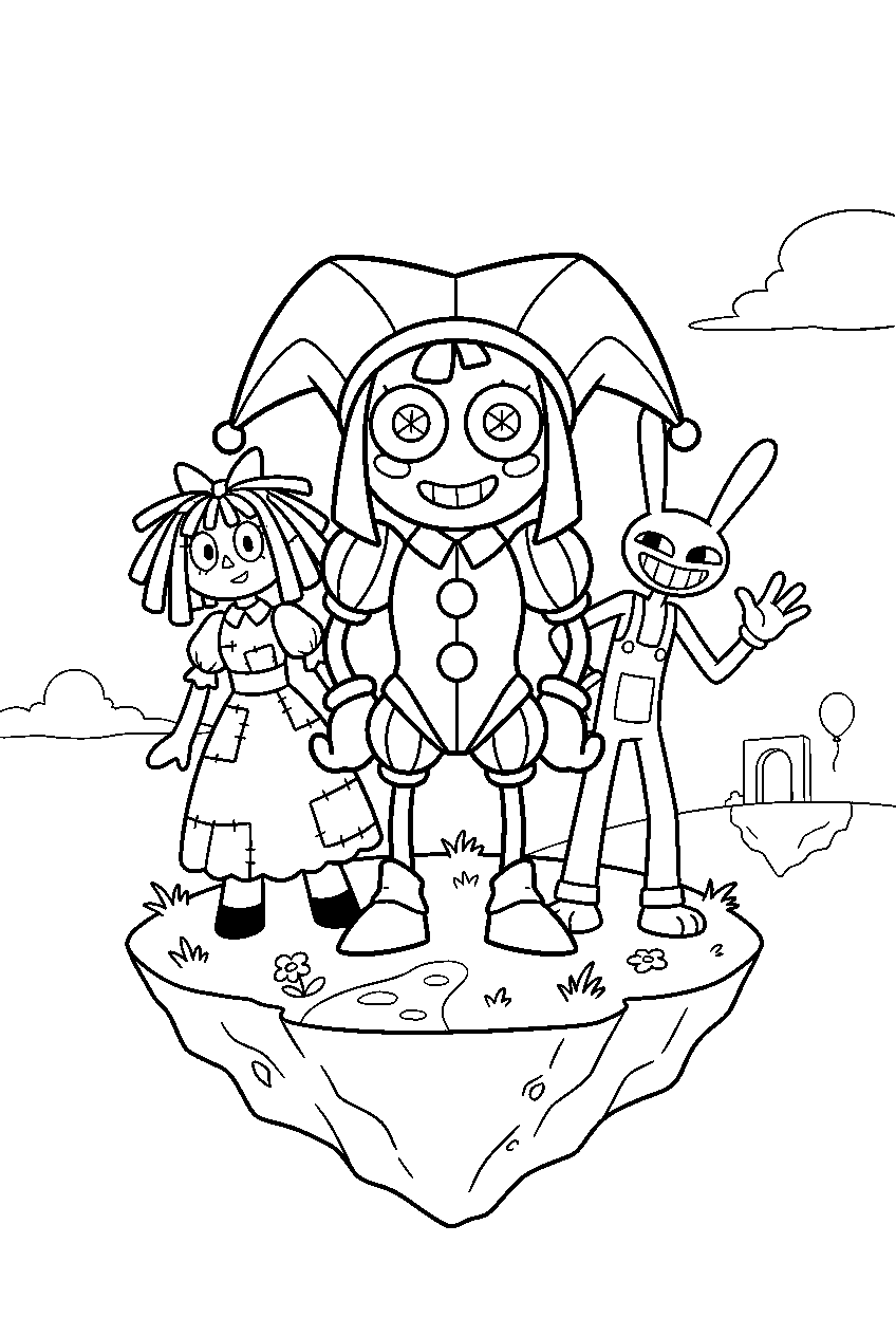 digital circus characters in floating island line art