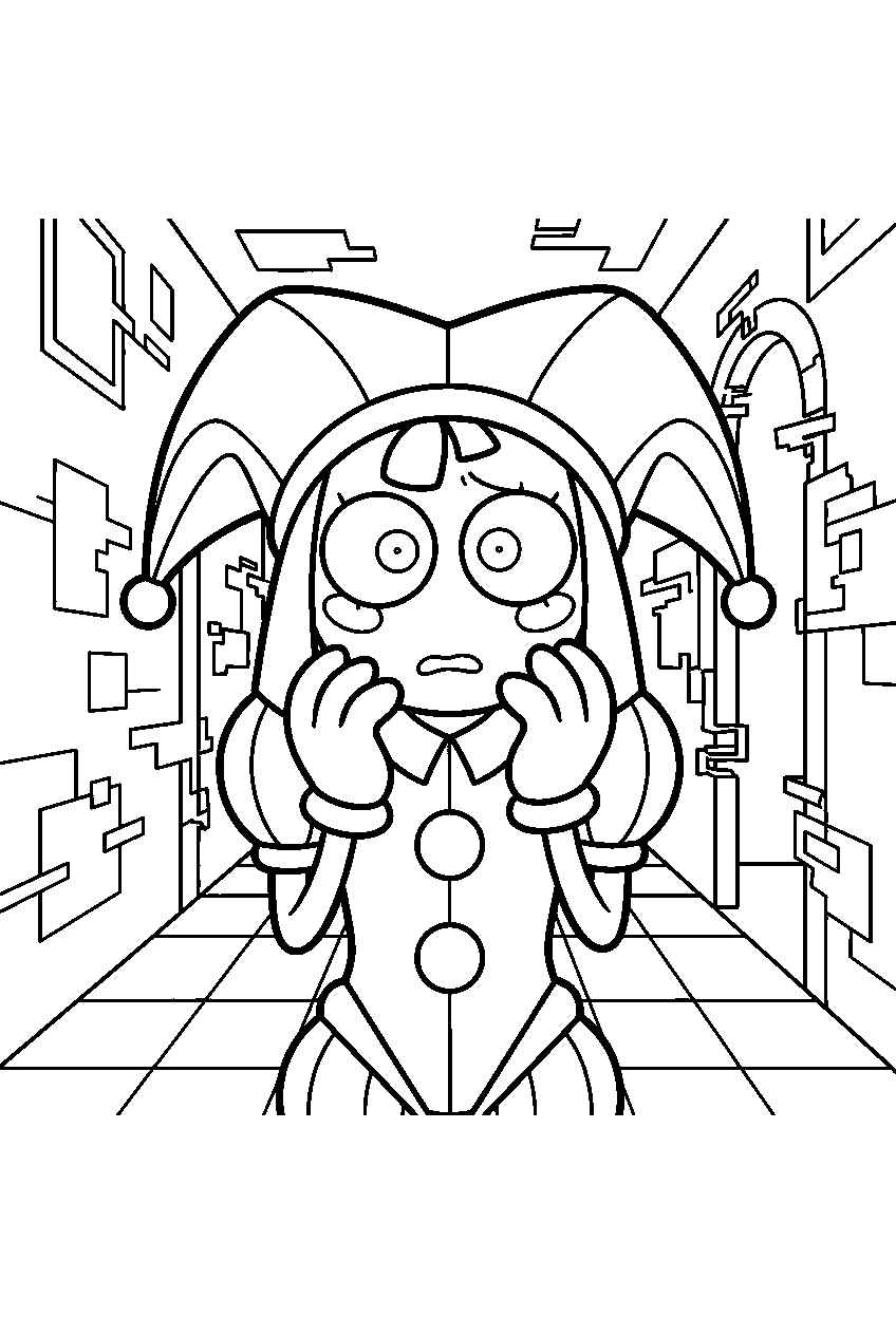 digital circus characters in glitch corridor line art