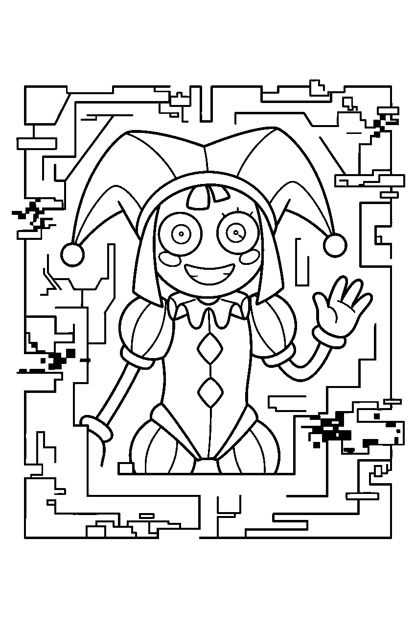 digital circus characters in glitch maze line art