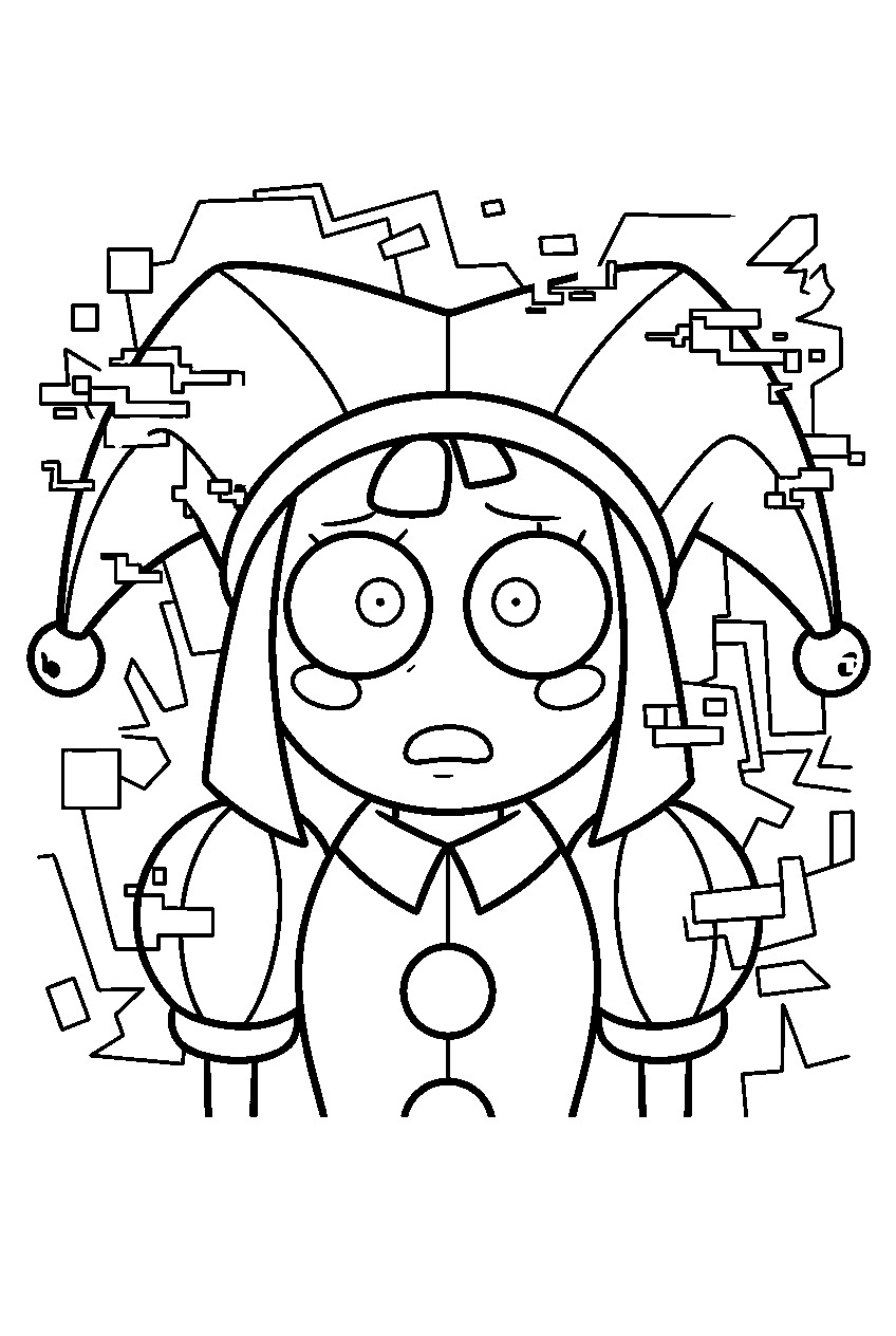 digital circus characters in glitch zone line art