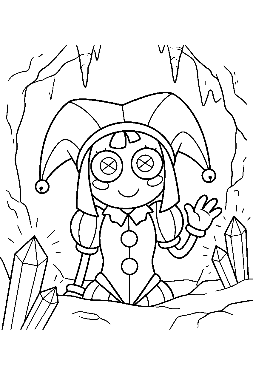 digital circus characters in glowing cave line art