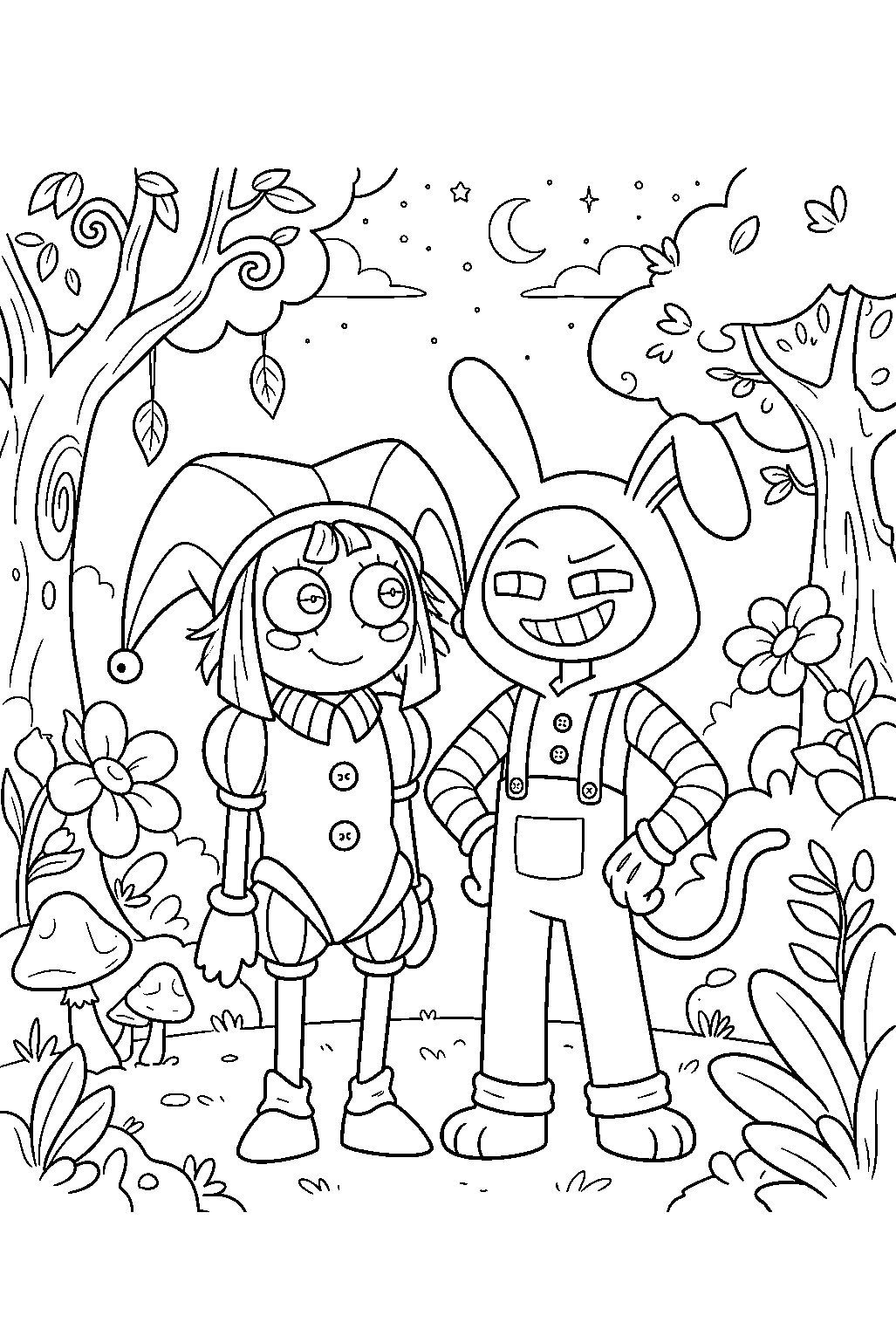 digital circus characters in magical forest line art