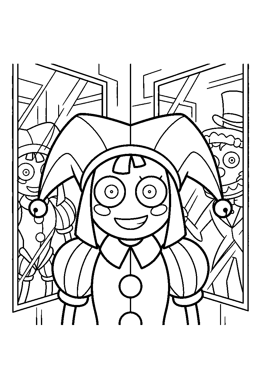 digital circus characters in mirror maze line art