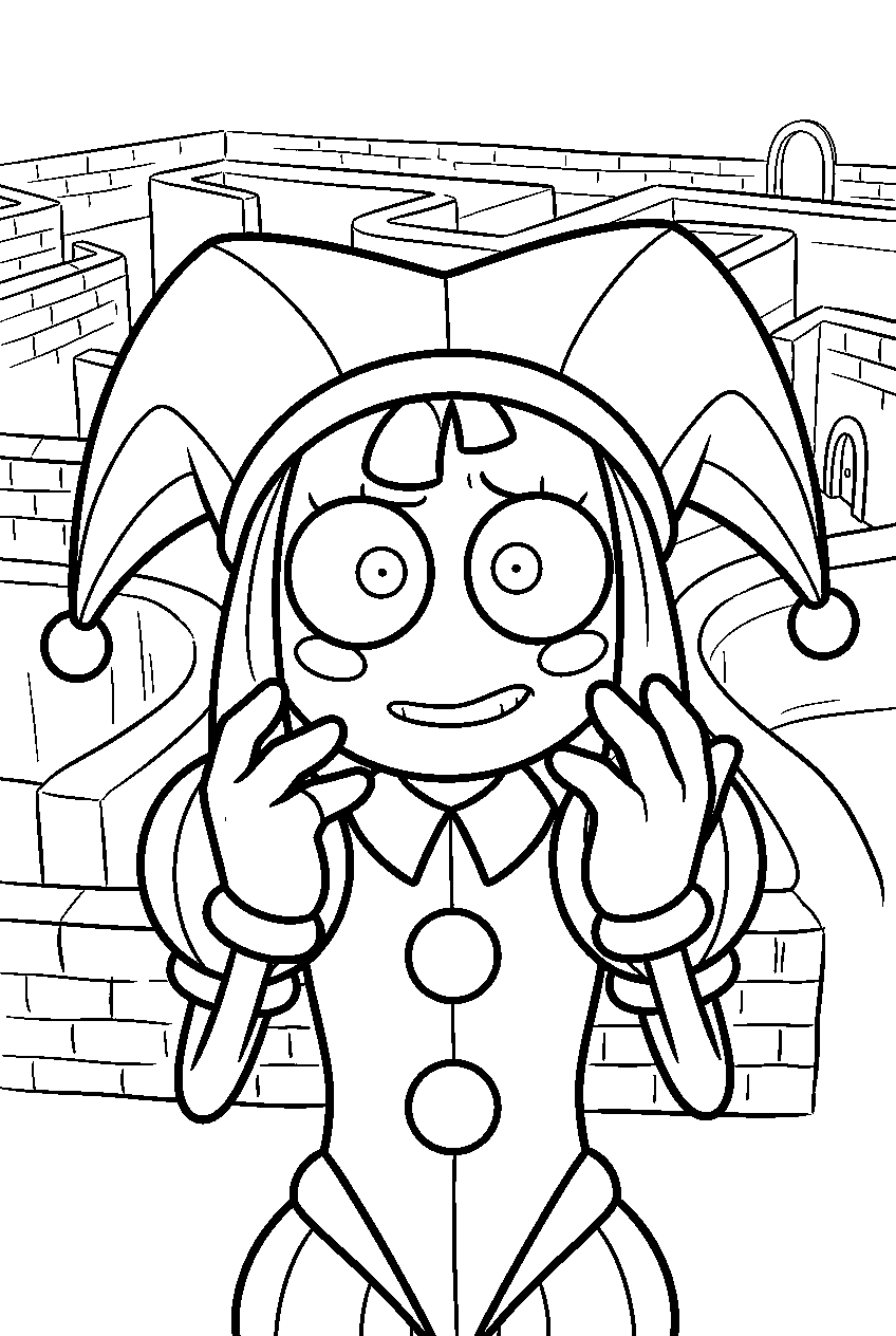 digital circus characters in mystery maze line art