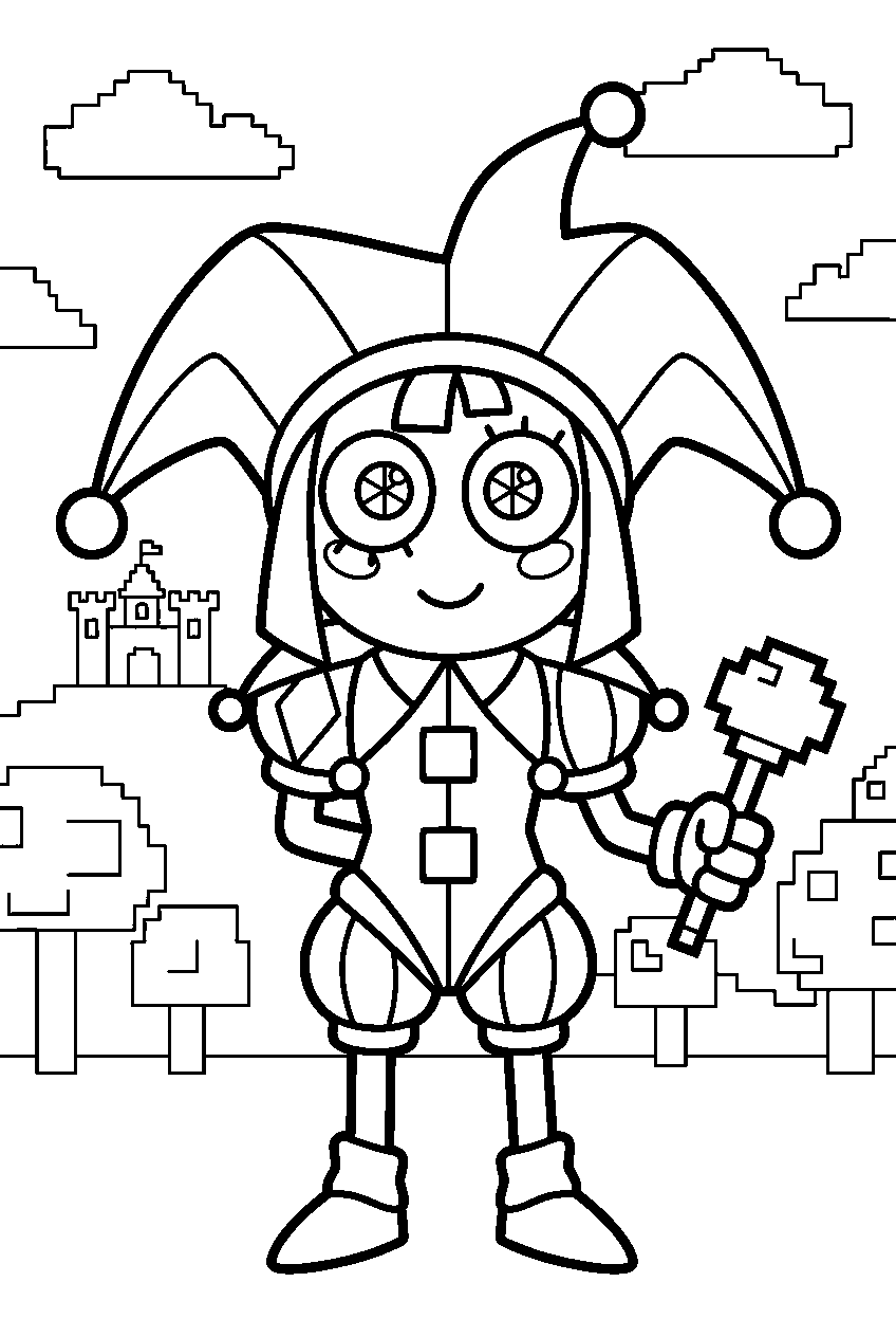 digital circus characters in pixel world line art