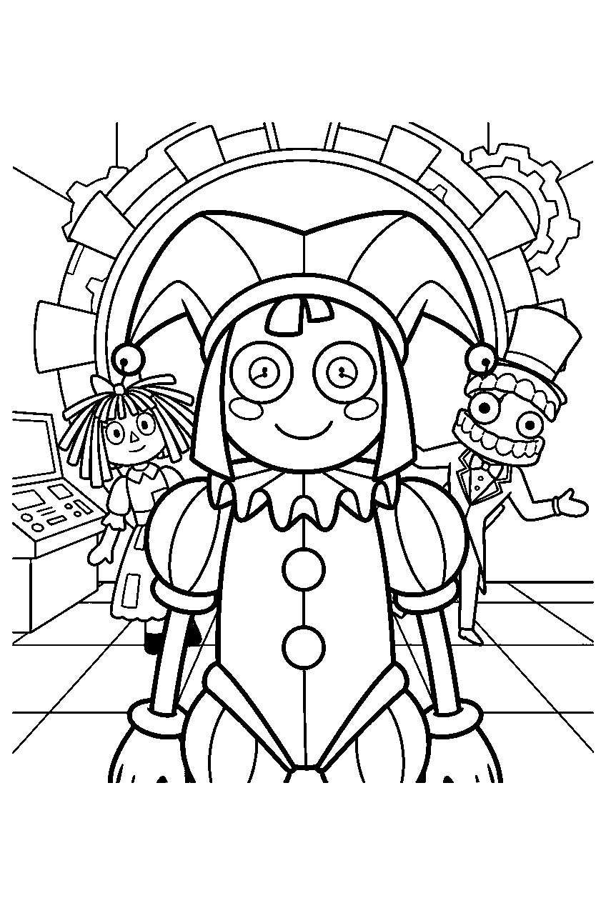 digital circus characters in portal chamber line art
