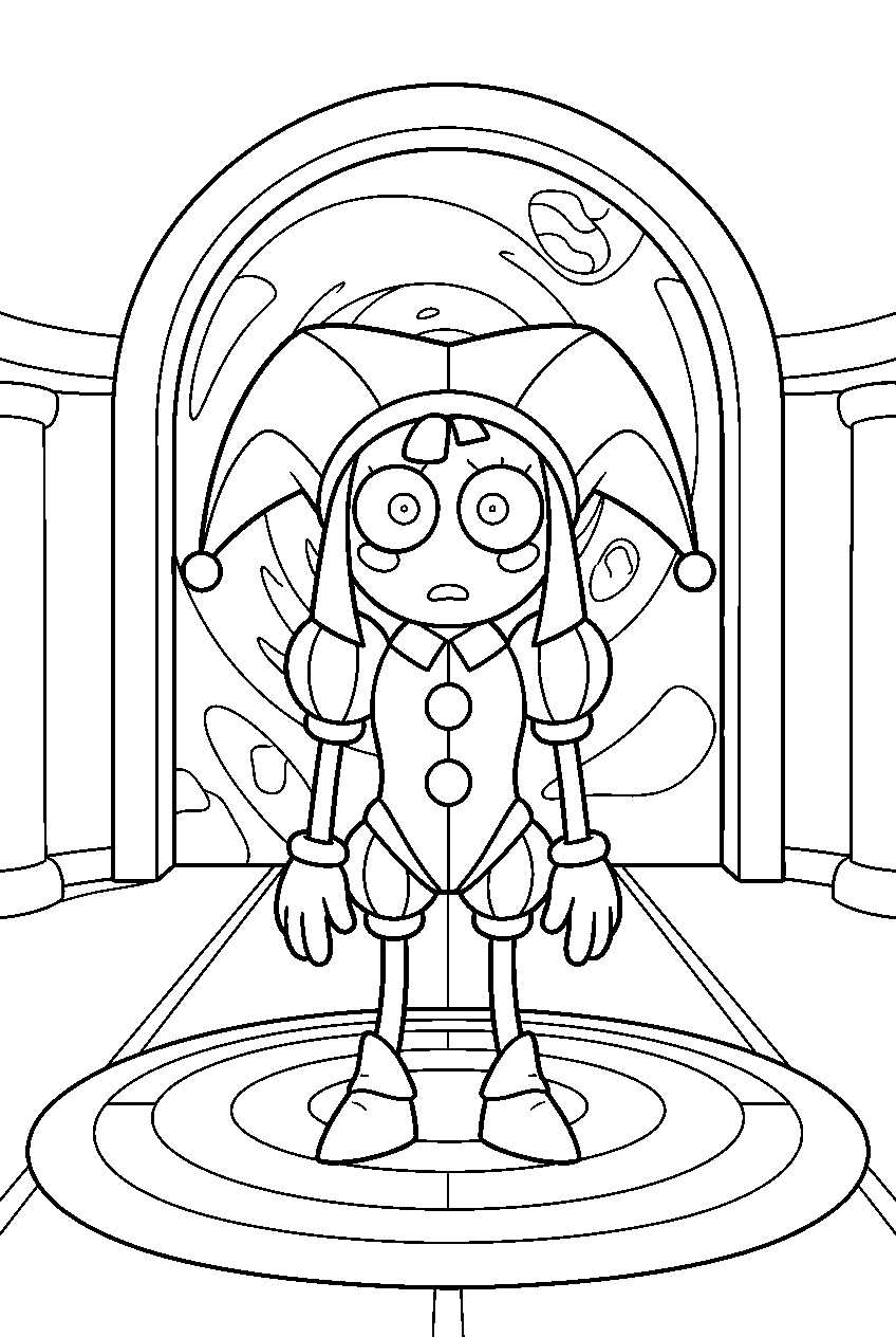 digital circus characters in portal room line art