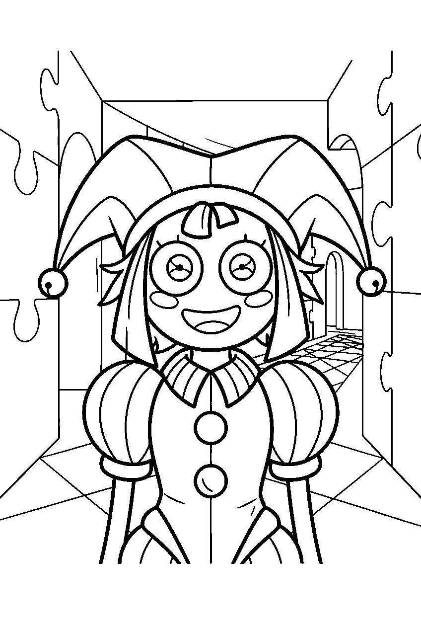 digital circus characters in puzzle corridor line art