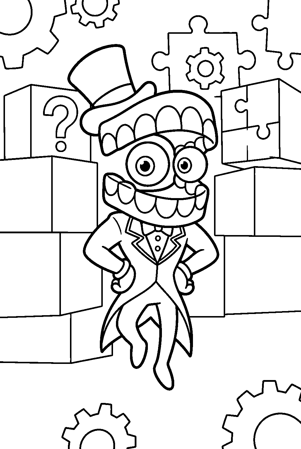 digital circus characters in puzzle room line art