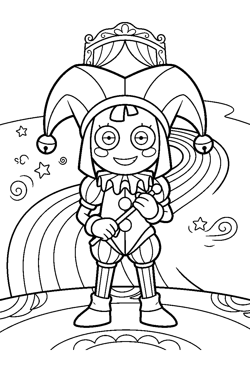 digital circus characters in rainbow pathway line art