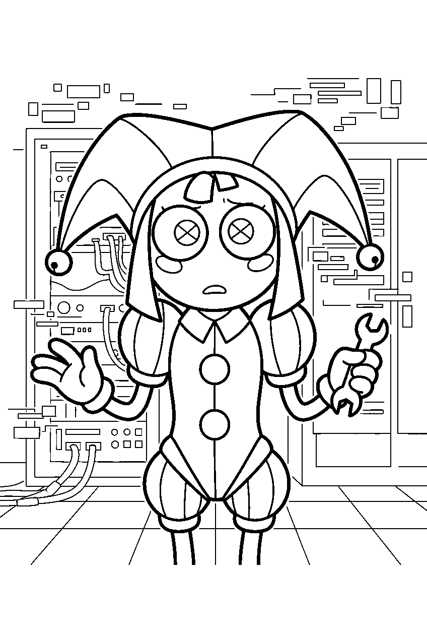 digital circus characters in server room line art
