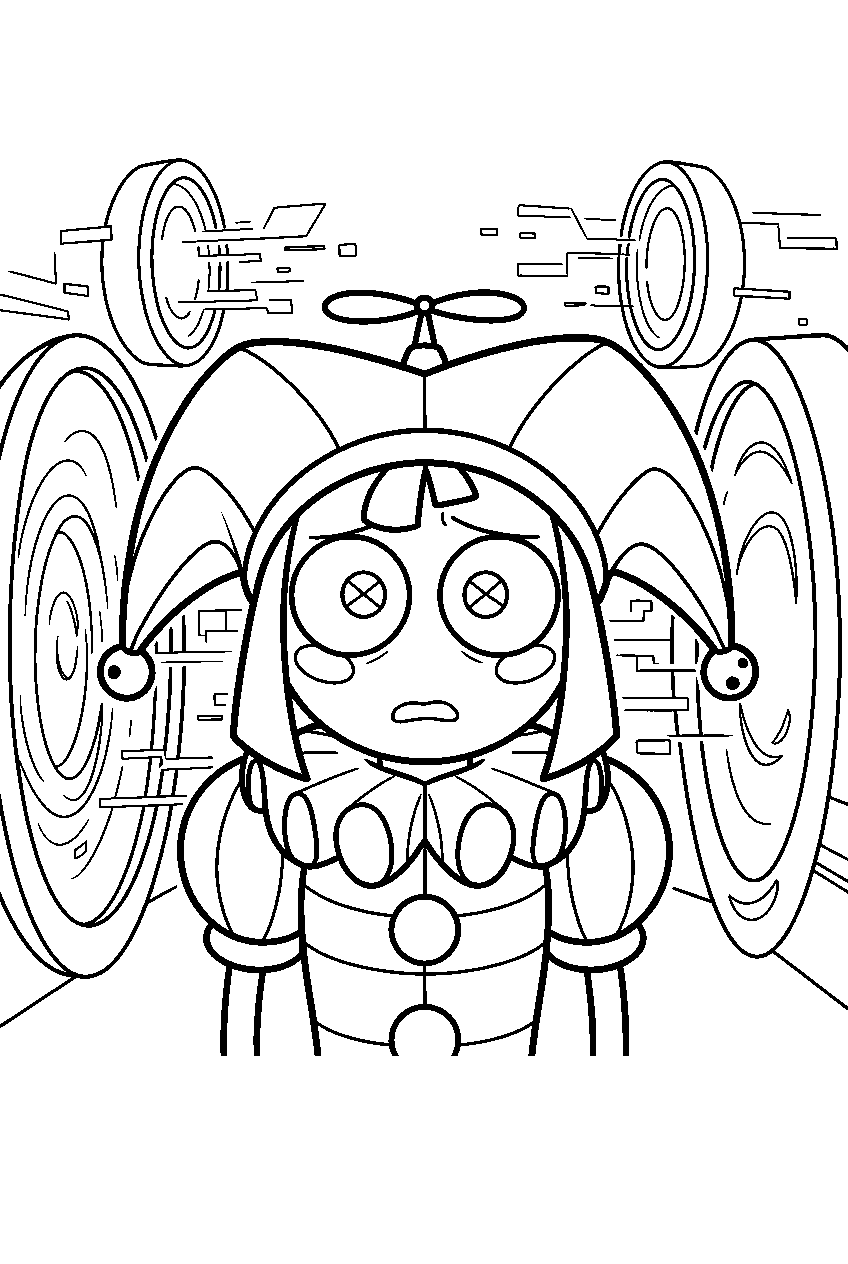 digital circus characters in teleportation hub line art
