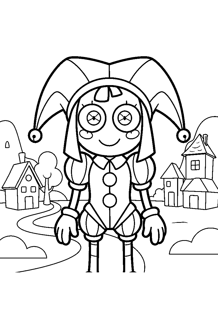 digital circus characters in toy village line art