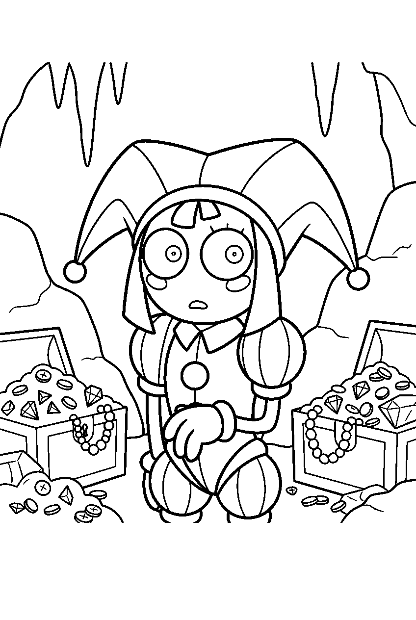 digital circus characters in treasure cave line art