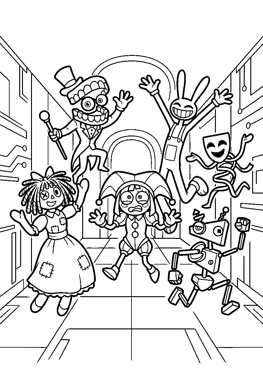 digital circus characters jumping in digital hallway line art