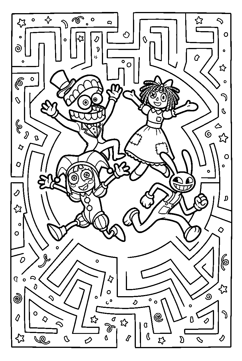 digital circus characters jumping in mystery maze line art