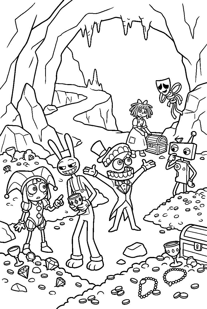 digital circus characters looking around in treasure cave line art