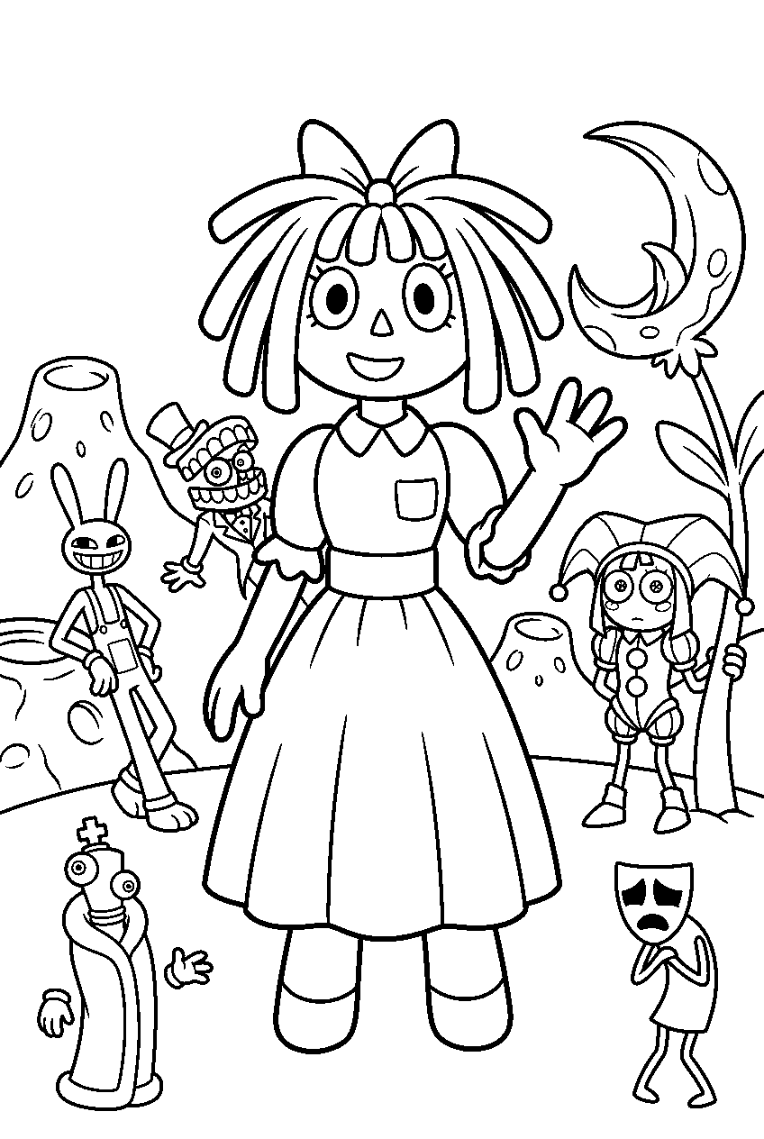 digital circus characters on alien planet line art