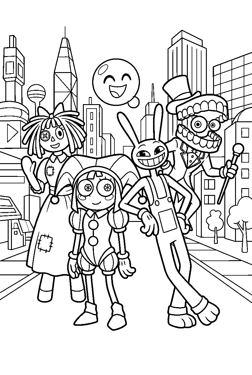 digital circus characters posing in virtual city line art