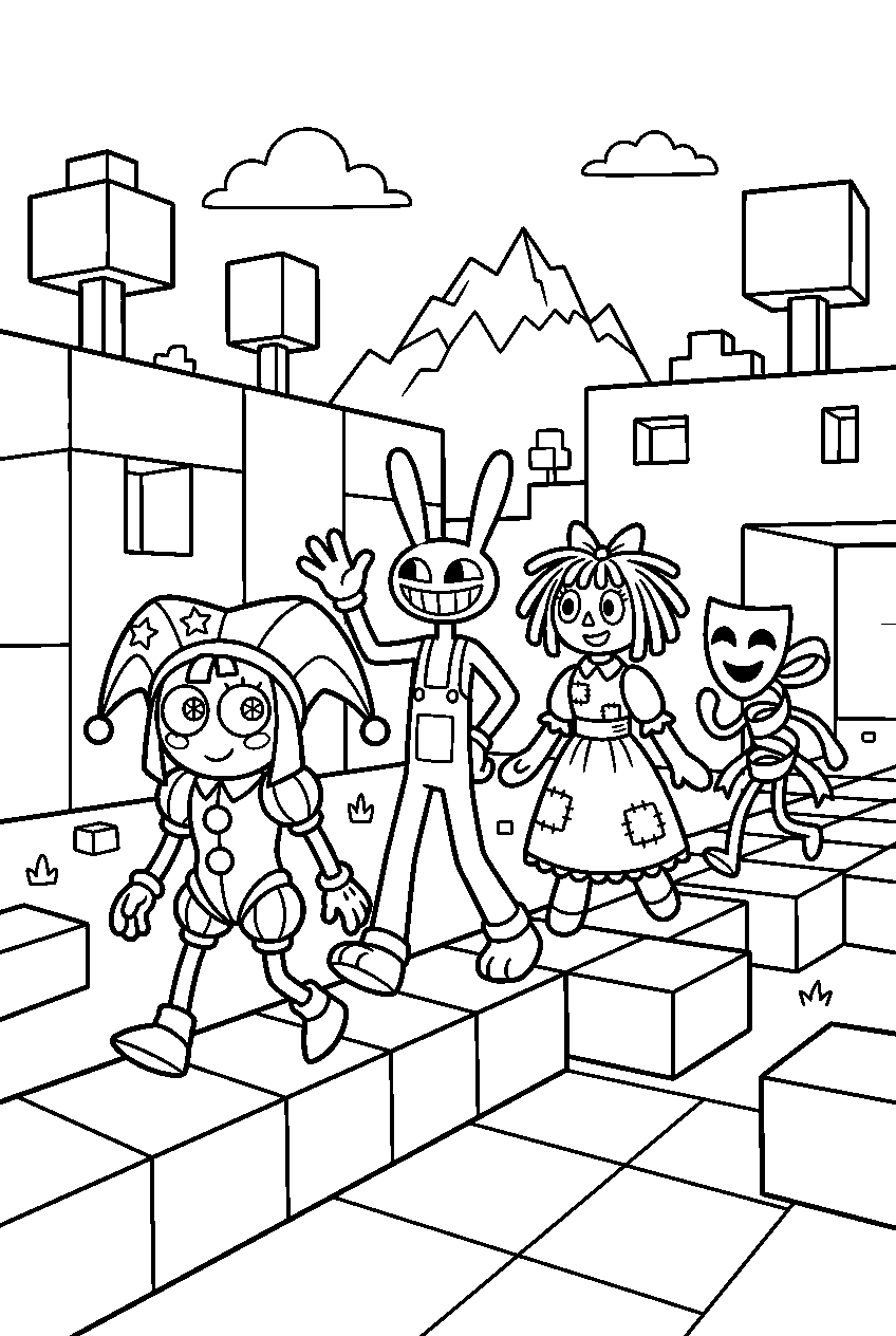 digital circus characters walking in block world line art