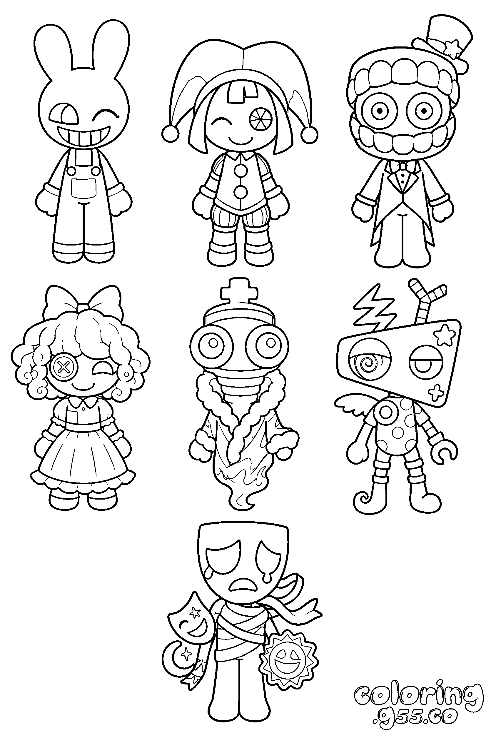 digital circus mini chibi plushies all characters line art for kids