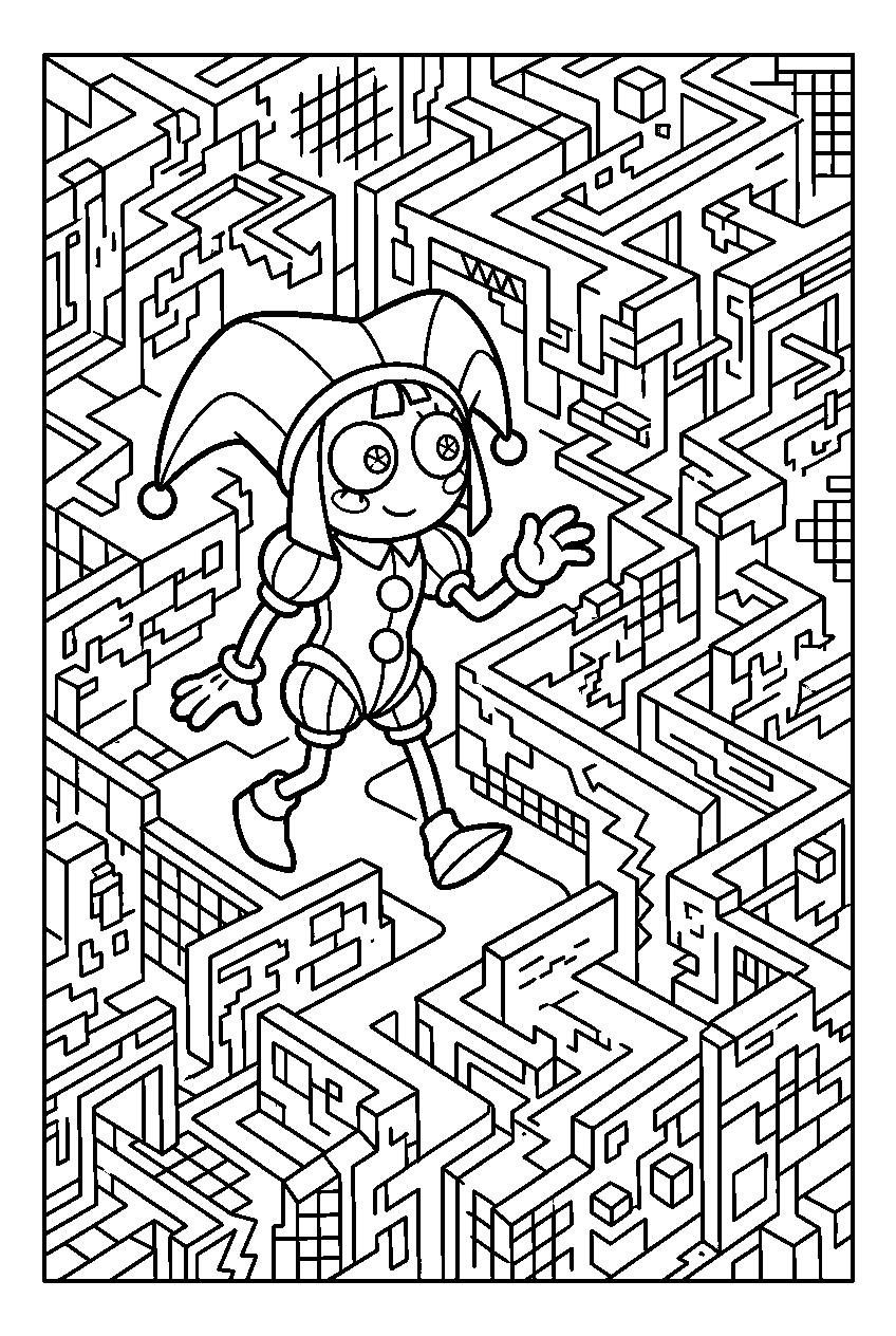 digital circus pomni exploring in glitch maze line art