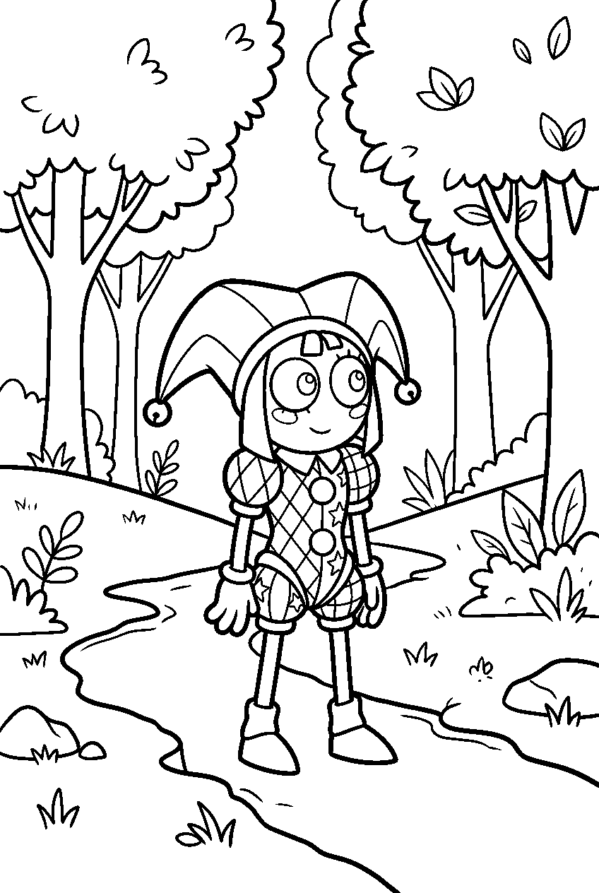 digital circus pomni observing in forest line art