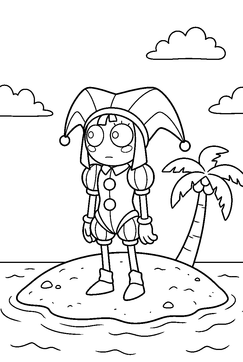 digital circus pomni standing calmly on island line art
