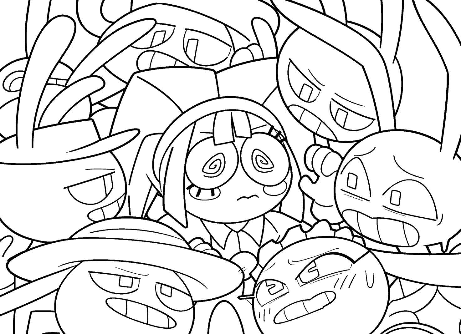 dizzy pomni surrounded by angry jax clones crowd tadc the amazing digital circus line art