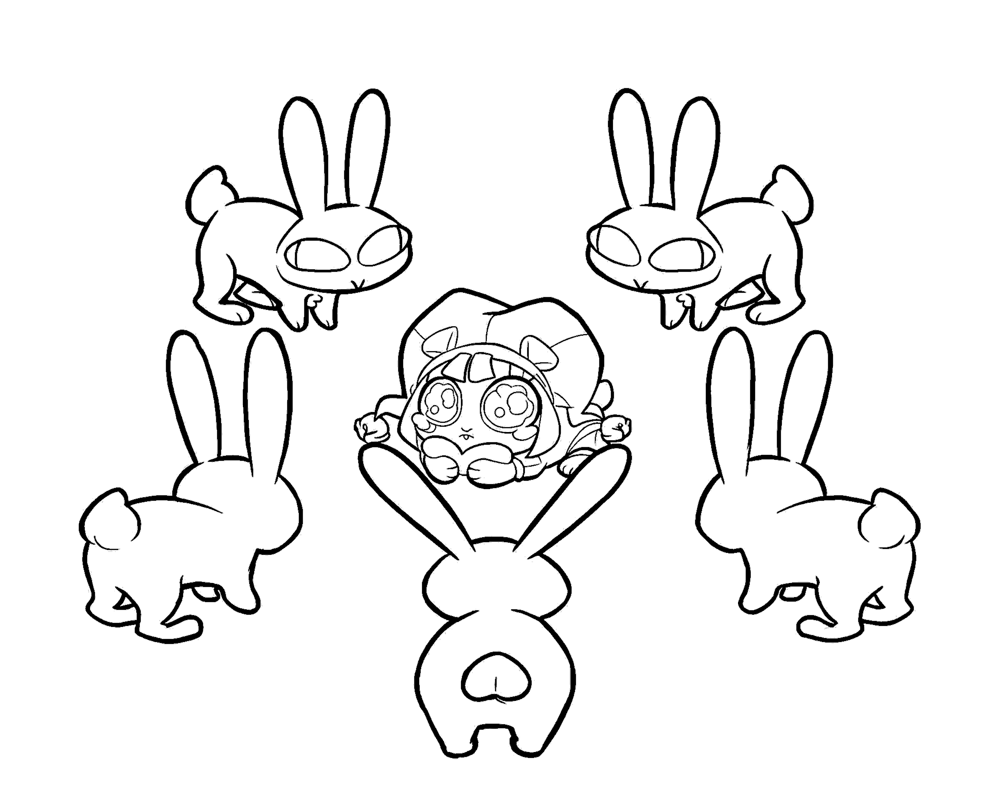 five bunnies surrounding pomni meme scene tadc the amazing digital circus line art