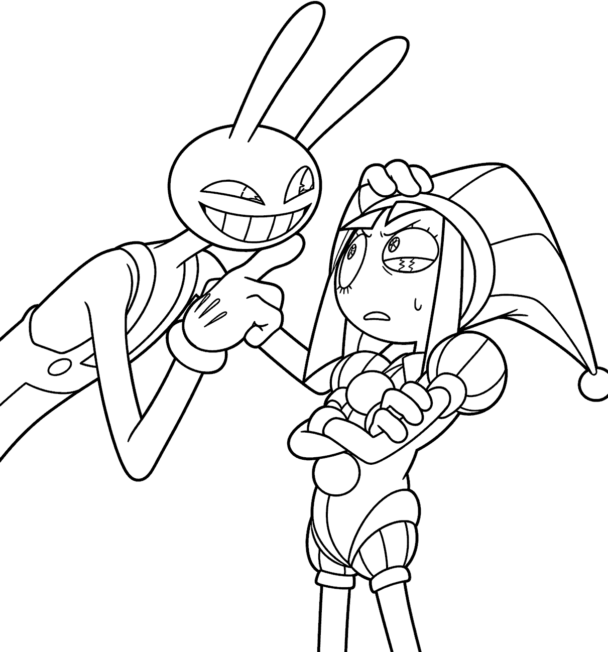 angry pomni and smirking jax for kids tadc the amazing digital circus line art