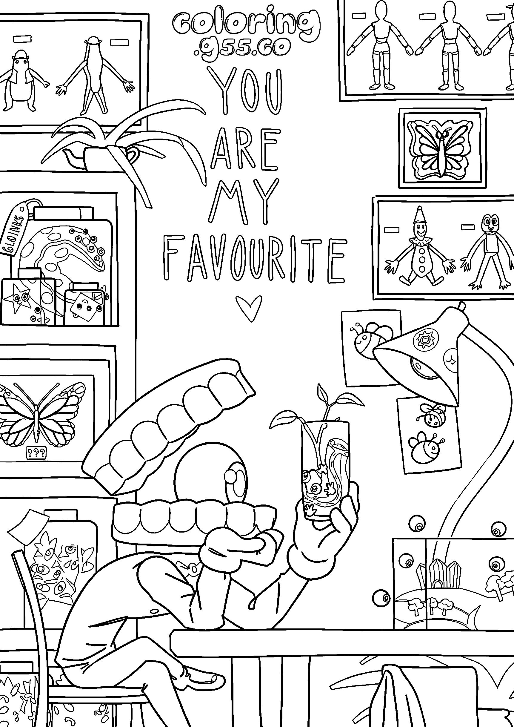 caine looking at miniature kinger in glass for kids tadc the amazing digital circus line art